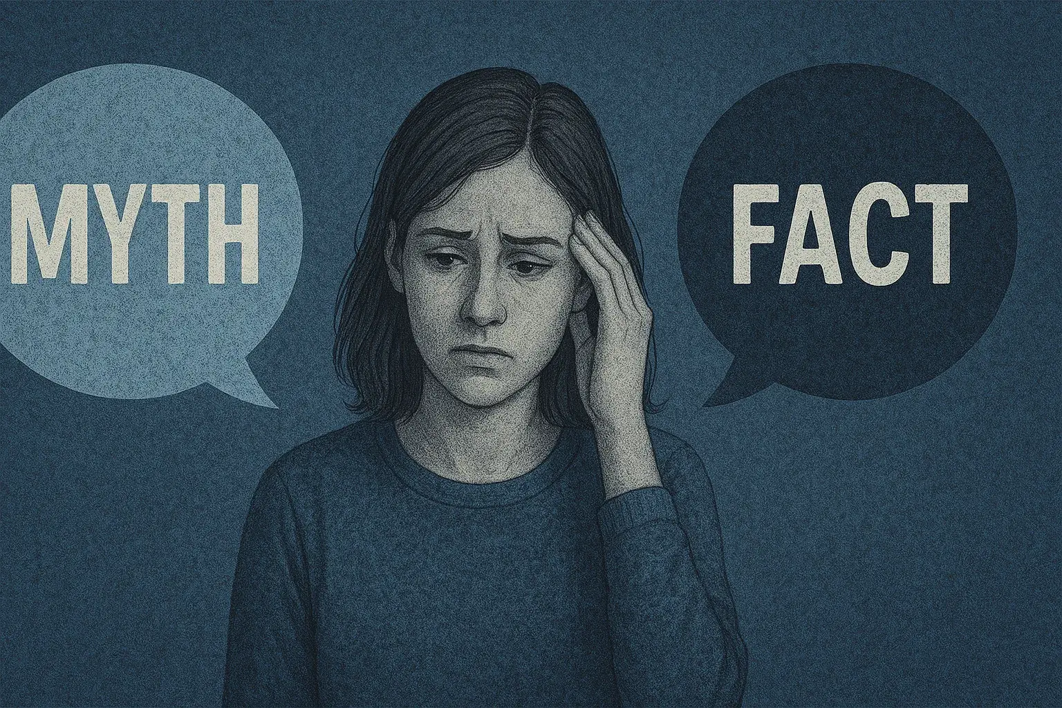 Стривожена людина між написами «MYTH» і «FACT»